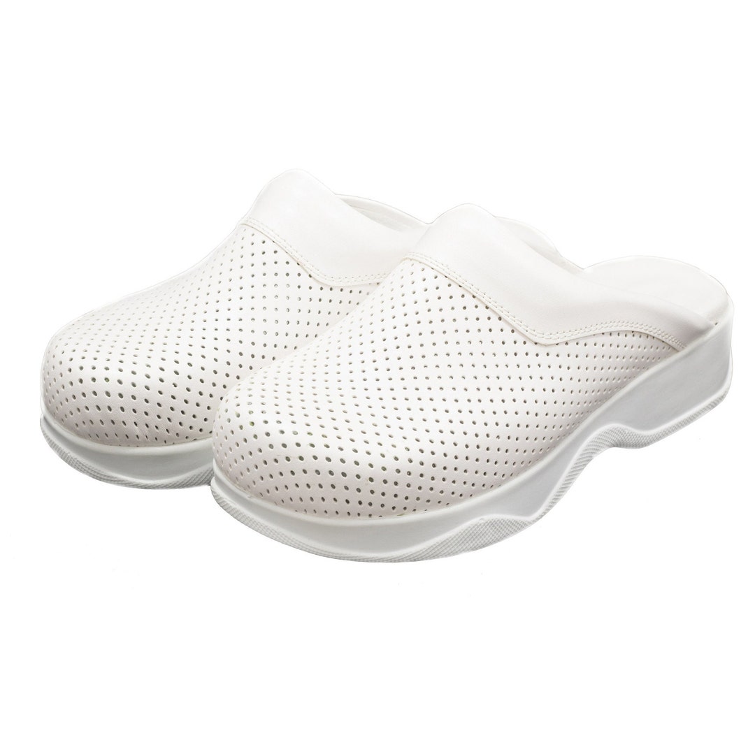 Handmade Leather Chef Clogs: White Kitchen Shoes, Memory Foam Comfort ...