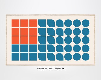 May include: Abstract geometric art print with a framed design featuring a pattern of orange and blue squares, half circles, and circles. The print is 3840 x 2160 pixels (4K).