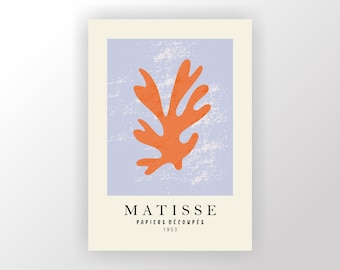 Puede incluir: Un póster con un fondo azul y un gran recorte naranja de una hoja. El texto "MATISSE" está impreso en negro en la parte inferior del póster, junto con las palabras "PAPIERS DÉCOUPÉS" y "1953".