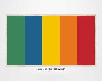 May include: Abstract art print with a horizontal design featuring six vertical stripes in shades of green, blue, yellow, orange, and red. The print is framed in a light wood frame.