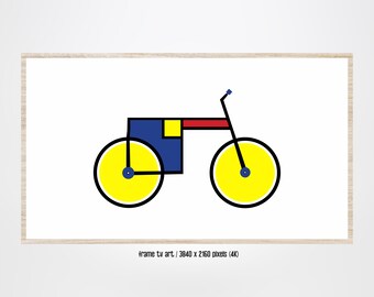 May include: A minimalist illustration of a bicycle with yellow wheels, a red frame, and blue and yellow geometric shapes.