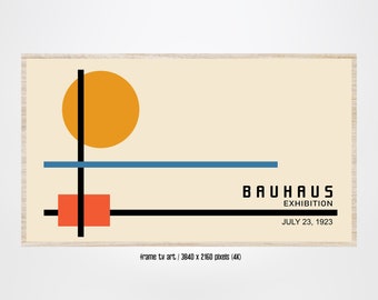 May include: A minimalist poster with a geometric design featuring a black vertical line, a red rectangle, a blue horizontal line, and a yellow circle. The poster has the text "BAUHAUS EXHIBITION JULY 23, 1923".