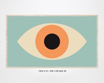May include: A framed abstract art print featuring a stylized eye with a black pupil, orange iris, and beige sclera on a light blue background. The print is 3840 x 2160 pixels, or 4K resolution.