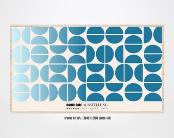 May include: A framed print of a geometric design featuring a pattern of blue and white semi-circles. The print has the text "BAUHAUS AUSSTELLUNG WEIMAR JULI-SEPT. 1923" and "frame tv art / 3840 x 2160 pixels (4K)".