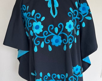 Lovely Authentic Vintage 1960's Black Turquoise Floral Embroidery Poncho Tunic Cloak Blouse Cape One Size Fits All Excellent Condition