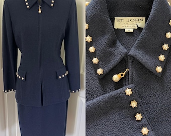 St John Navy Blue Strickperlen Reißverschluss Jacke Rock Anzug Set Größe 8 Mint Ausgezeichneter Zustand
