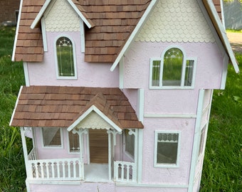 33" Antique Hand Made Victorian Colonial Mansion 2 Story Plywood Wood Pink Dollhouse