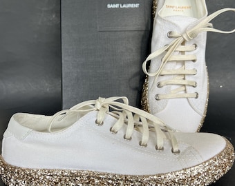 100% authentische YSL Saint Laurent Gold Glitter Weiß Schnürschuhe Sneakers Schuhe Nagelneu mit Box-Größe 38,5