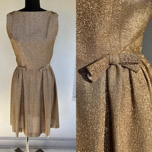 Lovely True Vintage 1960&#39;s Gold Metal Ruffled Bows Pleat Evening Light Weight Dress Excellent S M