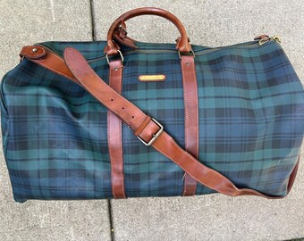 Vintage Polo RALPH LAUREN Tartan Plaid Leather PVC Weekender Duffle Bag