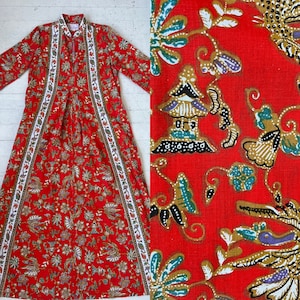 Vintage 1960&#39;s by George KEYLOUN Red Chinoiserie Figural Chinese Pagoda Prints Cotton Long Dress Kaftan Tunic Large or X-Large EXCELLENT