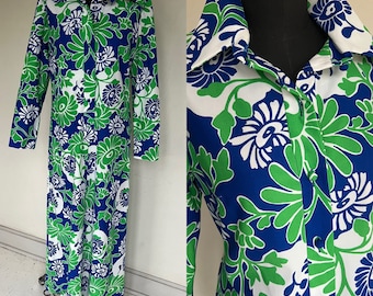 Authentieke vintage jaren 60 door echt sociaal Nora Zandre Mod hippie kaftan tuniekjurk blauwgroene bloemen UITSTEKENDE MUNT M of L