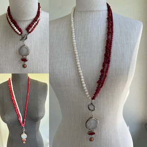 122gr Vintage Solid Sterling Silver Genuine Red Coral Beads Freshwater Pearls Multi 2 Ways Choker or Sautoir Necklace 22&quot; or 34&quot;