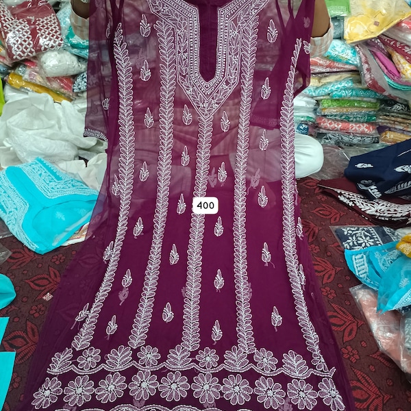 Vrouwen Lucknow Chikankari handgeborduurde Georgette Kurta/Kurti