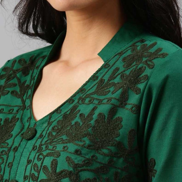 Women Chikan Embroidery Pure Cotton Straight Kurta  (Dark Green)