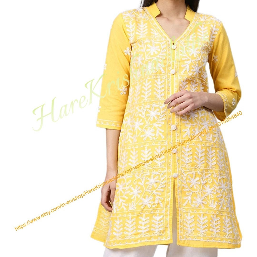 Cotton Yellow Printed Flared Kurta VCK9308 – Ahika
