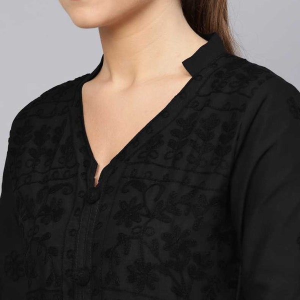 Women Chikan Embroidery Pure Cotton Frontslit Kurta  (Black) handmade