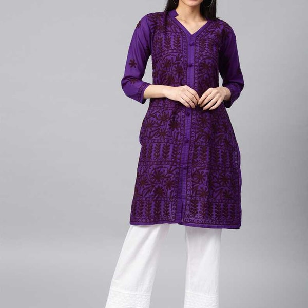 Women Chikan Embroidery Pure Cotton Straight Kurta  (Purple)