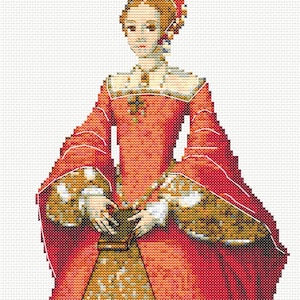 May include: Cross-stitch portrait of a woman in a red and gold Renaissance gown. The woman has fair skin, a red and gold headdress, and a gold necklace. The gown features long sleeves and a detailed bodice.