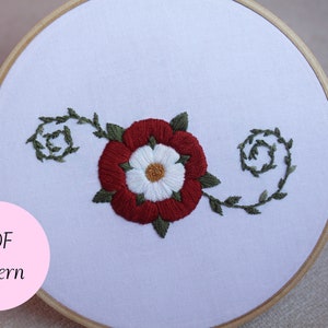 Tudor Rose Embroidery Pattern PDF ~ Digital Download ~ Floral Hand Embroidery