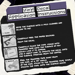 May include: A black instructional sign with white text titled Vinyl Decal Application Instructions. It features four numbered steps with icons: 1. Clean, 2. Peel, 3. Apply, and 4. Remove, detailing the process of applying a vinyl decal to a surface.