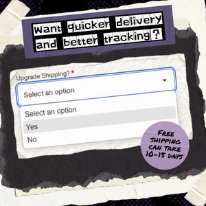 May include: A digital interface element featuring a dropdown menu labeled Upgrade Shipping? with options Yes and No. Above the menu, a purple banner displays the text want quicker delivery and better tracking? A purple circle states FREE SHIPPING CAN TAKE 10-15 DAYS.