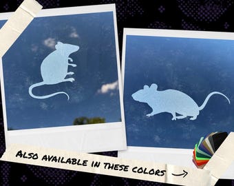 May include: Two white mouse-shaped vinyl decals displayed on a blue background. One decal shows a mouse sitting upright, while the other shows a mouse in a crawling position. A small fan of various colored vinyl swatches is visible in the corner.