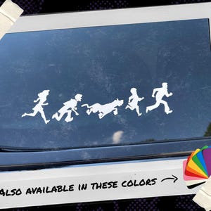 May include: A white vinyl decal featuring the silhouettes of five cartoon characters running in a line. The text "ALSO AVAILABLE IN THESE COLORS" appears at the bottom, accompanied by a small fan of colored swatches pointing to the right.