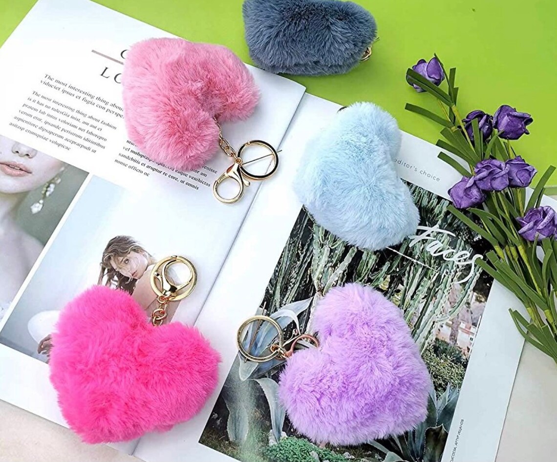 12 Pieces heart Pom Poms Keychains Fluffy heart Pompoms Etsy