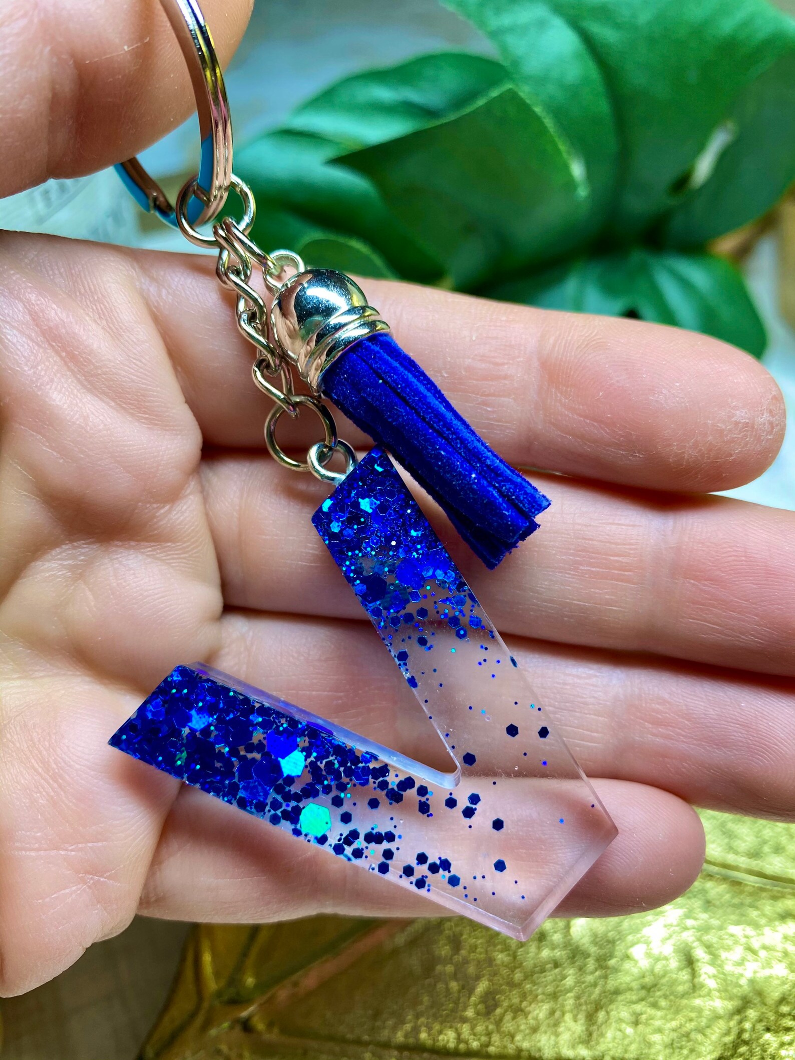 Blue glitter initial resin keychain with tassel blue glitter Etsy