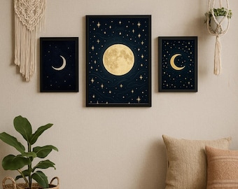 May include: Three framed celestial art prints featuring a crescent moon, a full moon, and stars against a dark blue background. The artwork is displayed above a wooden coffee table with a plant and decorative items.