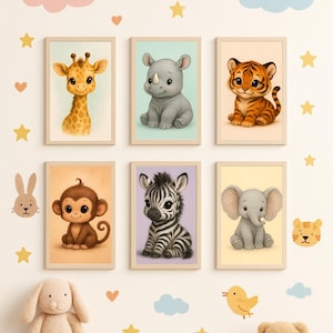Baby Animal Wall Art Set of 6 - Safari Nursery Prints - Giraffe, Rhino, Tiger, Monkey, Zebra, Elephant - Kids Room Decor Digital Download