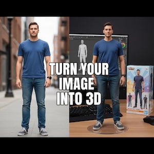 Könnte beinhalten: Ein Mann in einem blauen T-Shirt und Jeans steht vor einem Stadtpanorama und einem Computerbildschirm mit einem 3D-Modell. Der Text "TURN YOUR IMAGE INTO 3D" ist überlagert. Eine Sammlerfigurenbox ist ebenfalls zu sehen.