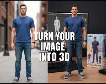 Puede incluir: Un hombre con camiseta azul y vaqueros se muestra frente a un fondo urbano y una pantalla de ordenador con un modelo 3D. El texto "TURN YOUR IMAGE INTO 3D" está superpuesto. También se ve una caja de figuras de colección.