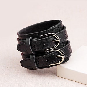 Double Belt Leather Bracelet - Wide Bracelet for Men Buckle