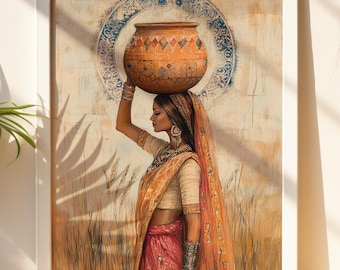 Rajasthani vrouw kunstafdruk: Indiase sari, boho woondecoratie