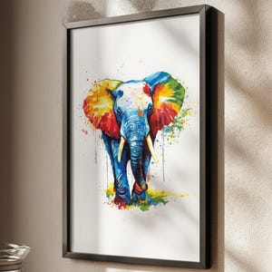 Arte murale con elefante colorato / Stampa con elefante ad acquerello / Decorazione per cameretta dei bambini in stile safari / Poster con animali della giungla arcobaleno / Arte audace della fauna selvatica