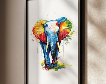 Watercolor Elephant Print: Rainbow Safari Nursery Wall Art
