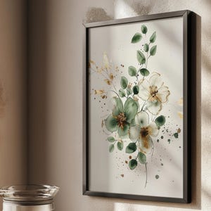 Arte murale floreale verde / Stampa botanica con accenti dorati / Elegante poster acquerello / Decorazione minimalista della natura / Arte floreale moderna boho