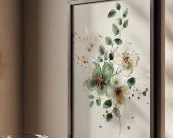 Green Floral Watercolor Print: Gold Accent Botanical Wall Art