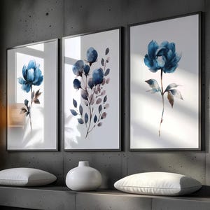 Stampe floreali blu - Set da 3 o singole / Arte murale con fiori ad acquerello / Arte botanica / Arredamento minimalista moderno / Stampe della natura blu navy