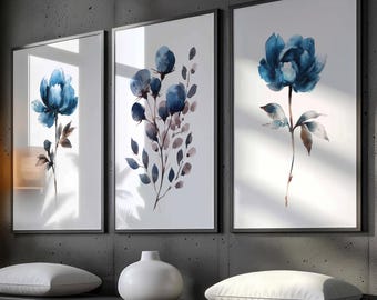 Navy Blue Floral Watercolor Print Set: Modern Botanical Wall Art