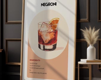 Negroni Cocktail Recipe Art Print: Modern Home Bar Decor