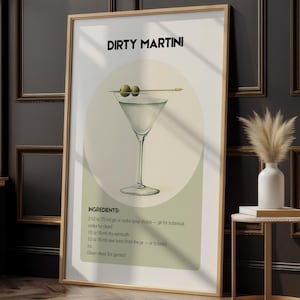 Impresión artística de Martini sucio / Arte mural con receta de cóctel / Decoración de bar para el hogar / Póster minimalista de bebida / Impresión de Martini de aceitunas / Arte mural para la cocina