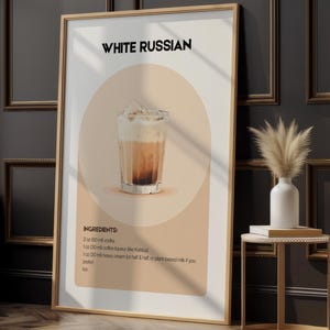 Arte mural de cóctel ruso blanco / Impresión de receta de bebida de café cremoso / Decoración de bar retro / Póster de cóctel de vodka / Arte de salón para bar en casa