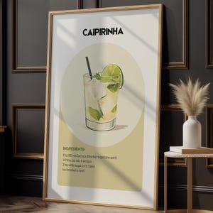 カイピリーニャカクテルのアートプリント | ブラジルのドリンクレシピのウォールアート | バーカートの装飾 | キッチンポスター | 夏のカクテルのイラスト
