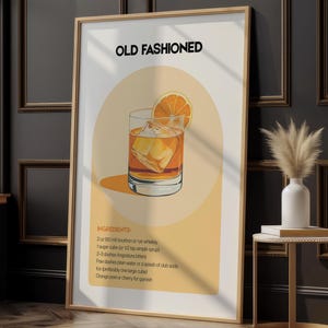 Impresión de cócteles antiguos / Arte mural de bar de whisky / Póster de recetas de bebidas clásicas / Decoración de bar para el hogar / Regalo para amantes del bourbon / Arte de estilo vintage