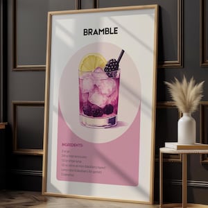 Impresión de cóctel de zarzamora / Arte mural de ginebra de mora / Decoración de bar moderna / Póster de cóctel rosa / Impresión de receta de bebida de cocina / Arte de regalo de mixología