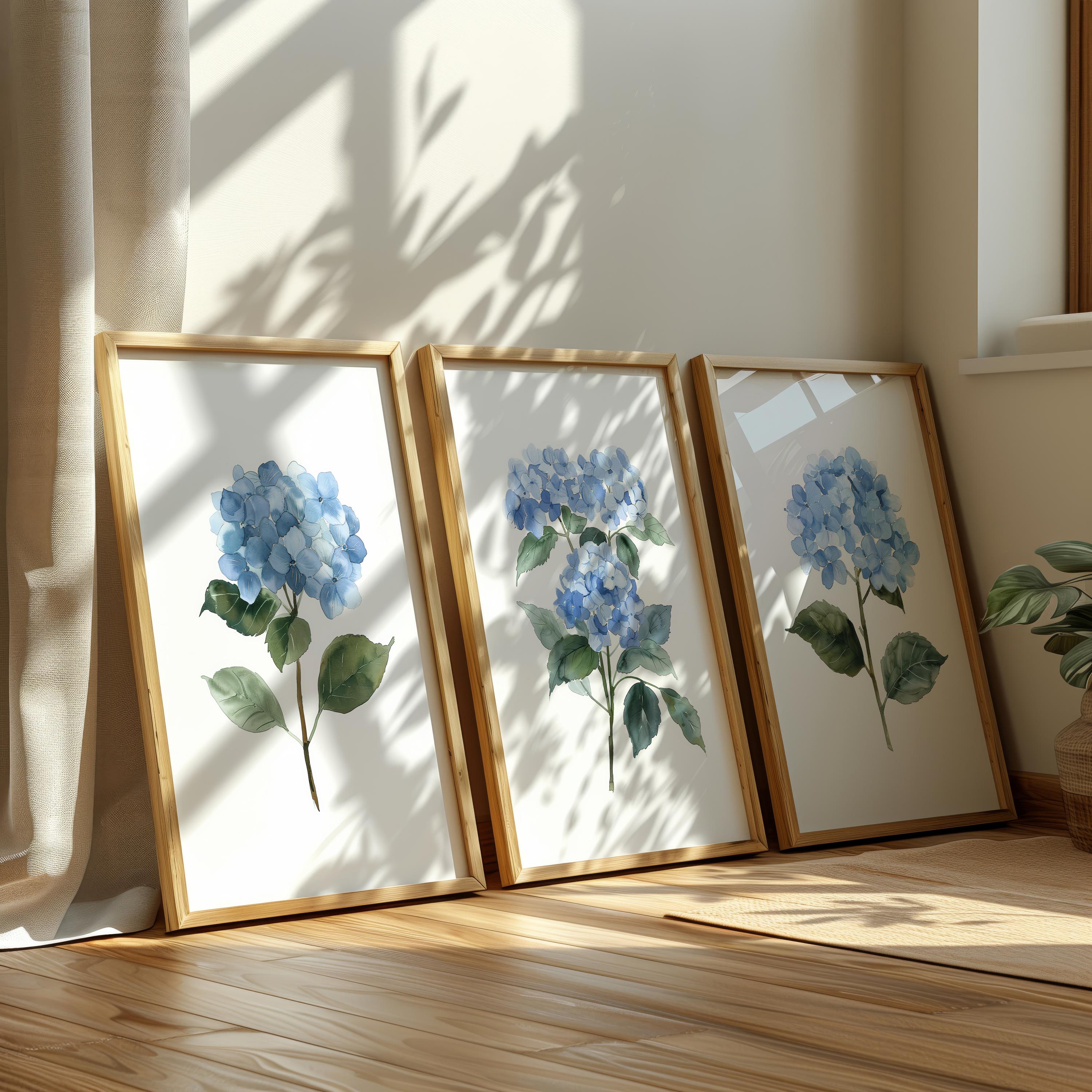 Blue Hydrangea Watercolor Print Set: Botanical Wall Art - Etsy