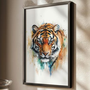 Arte murale con tigre ad acquerello / Stampa di animali della giungla / Decorazione della fauna selvatica / Dipinto di tigre audace / Arte safari vibrante / Poster moderno sulla natura